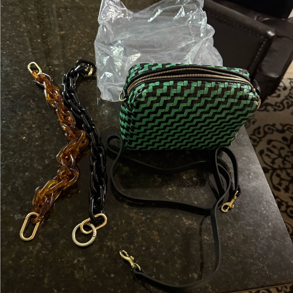 Clare V Mid Sac with black leather crossbody strap